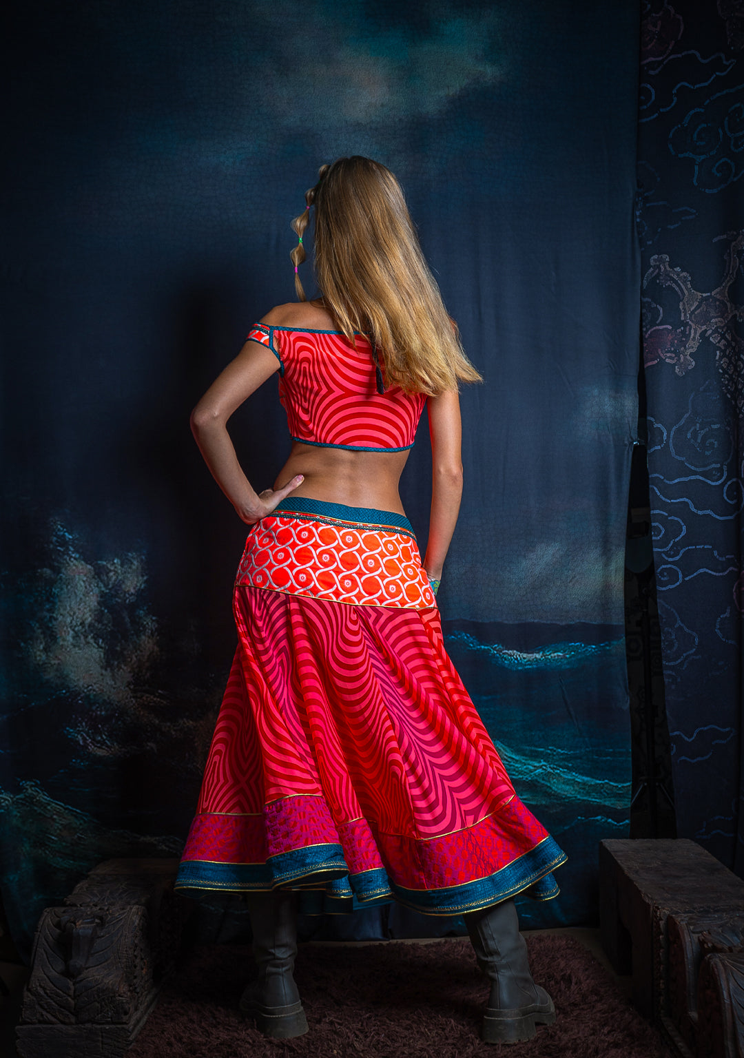 Choli & Skirt Woman Combo / Jaquard & Voile - PINKORANGE MADNESS